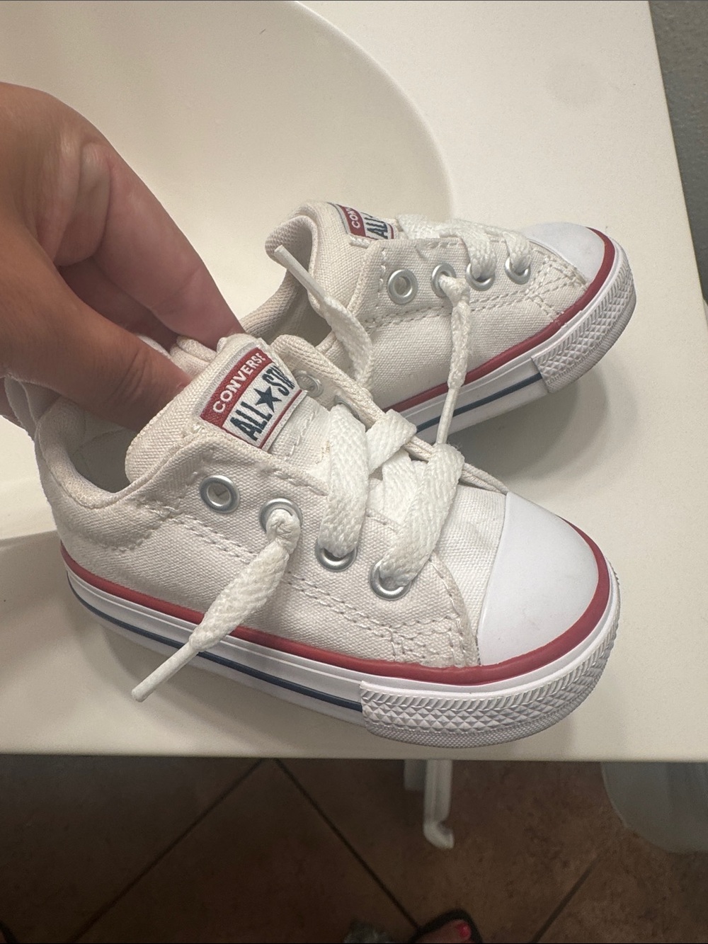 Converse Kids White Low Top Sneakers with Red Trim